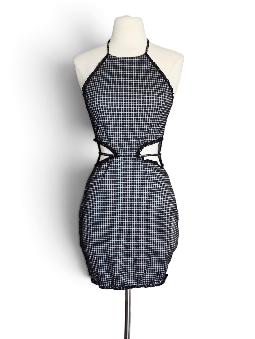 Luna Chix Black Cut-Out Plaid Halter Mini Dress Size Medium